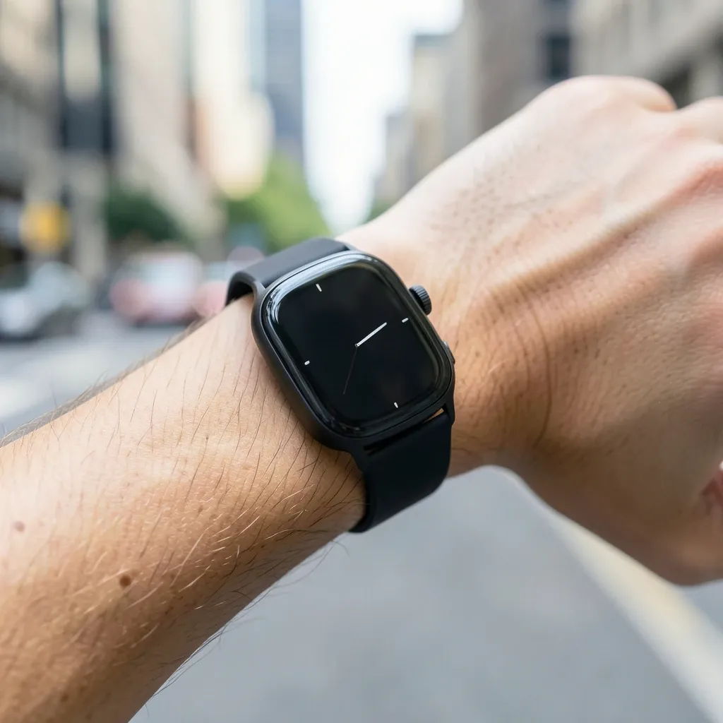Sleek black smartwatch on a wrist with clean watch face and blurred city street background