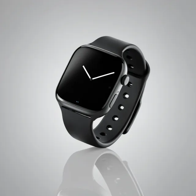 Sleek black smartwatch at an angle on a soft gray gradient background with subtle reflection