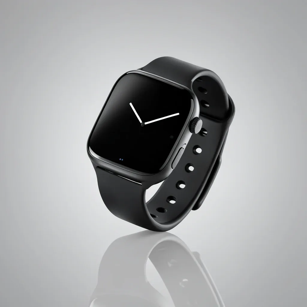 Sleek black smartwatch at an angle on a soft gray gradient background with subtle reflection