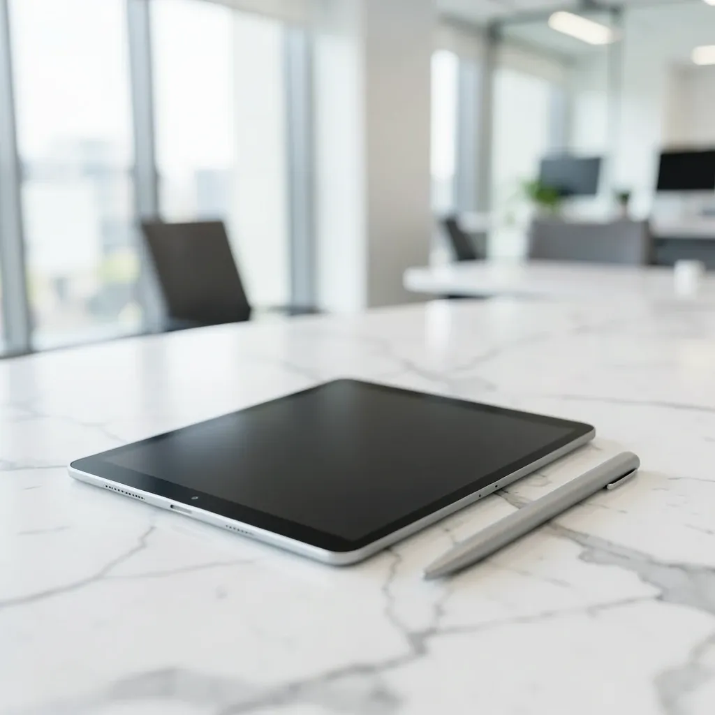 Thin silver tablet lying flat on white marble with stylus beside it and blurred office background