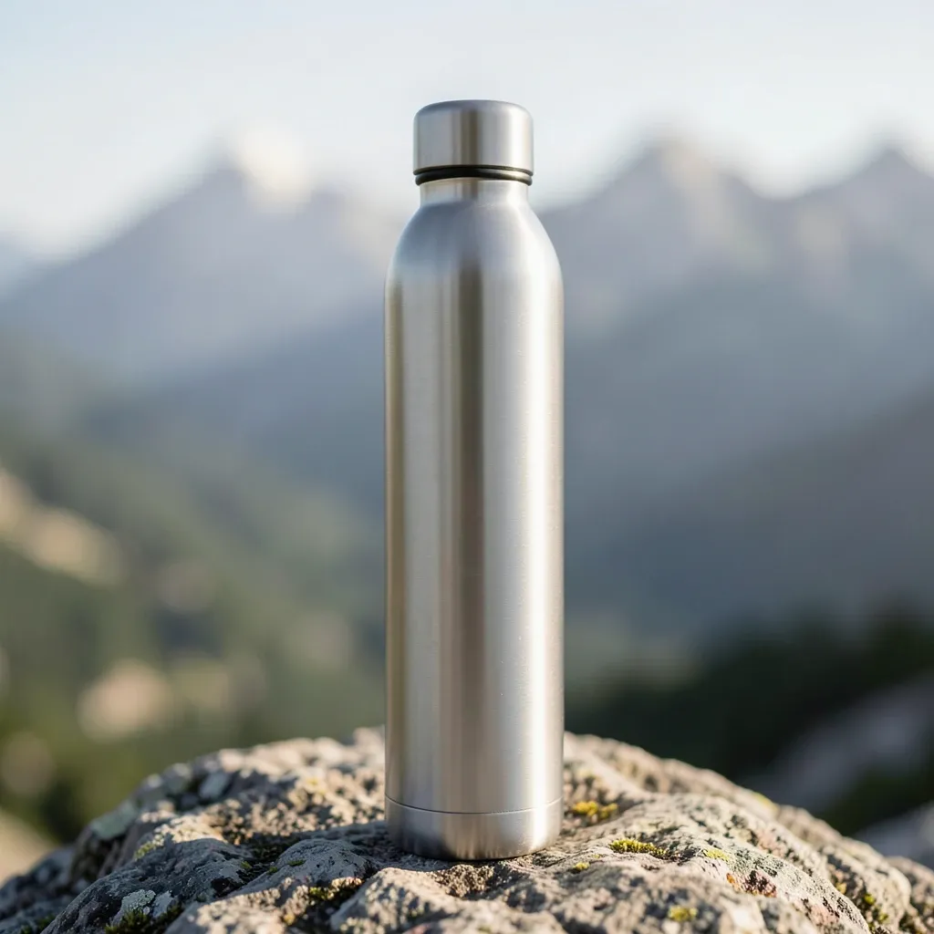 Sleek stainless steel water bottle on a rocky surface with blurred mountain background