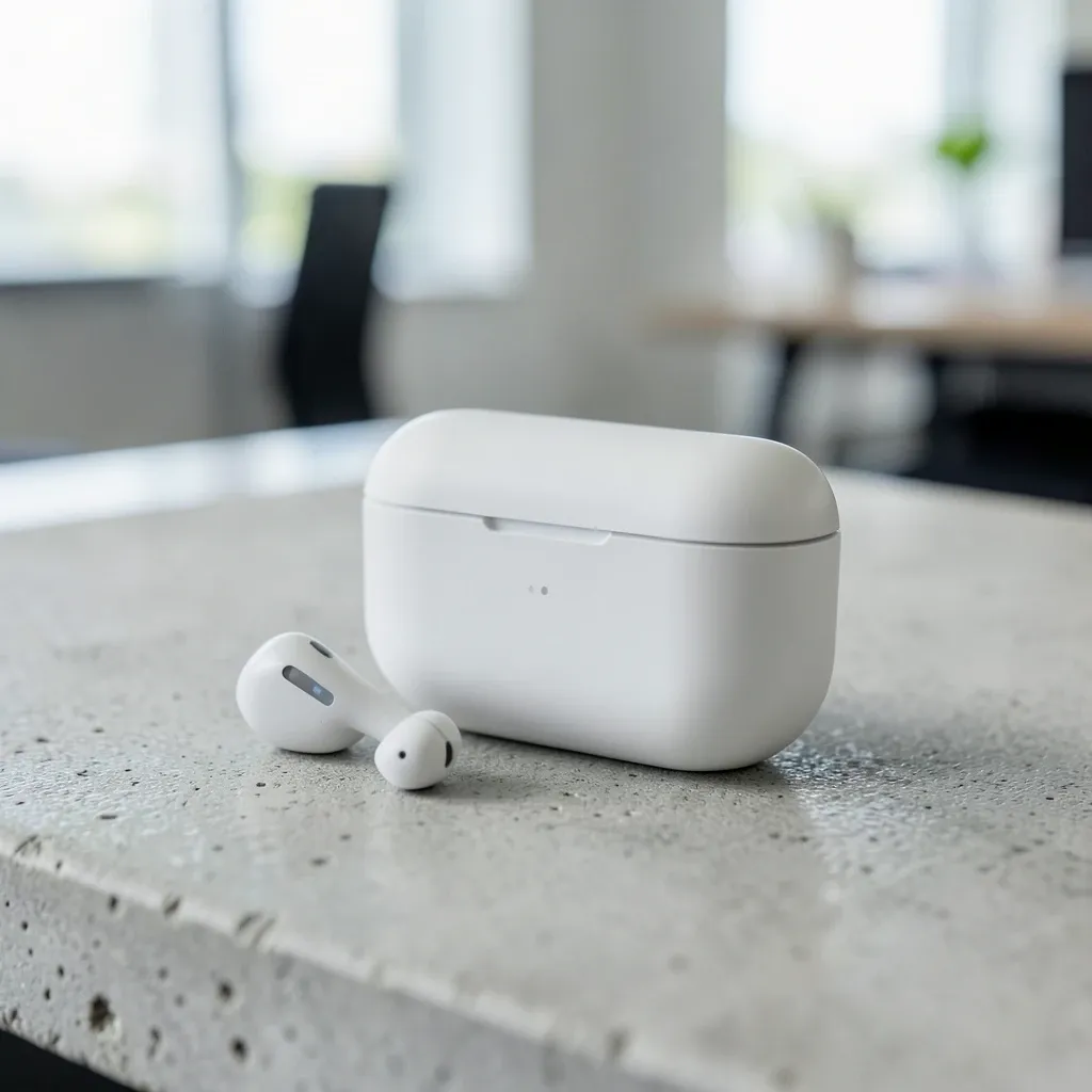 Modern white wireless earbuds and charging case on rough grey concrete with blurred office background