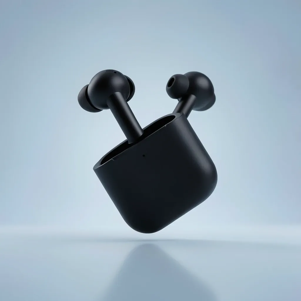 Sleek matte black wireless earbuds and charging case floating on blue-gray gradient background