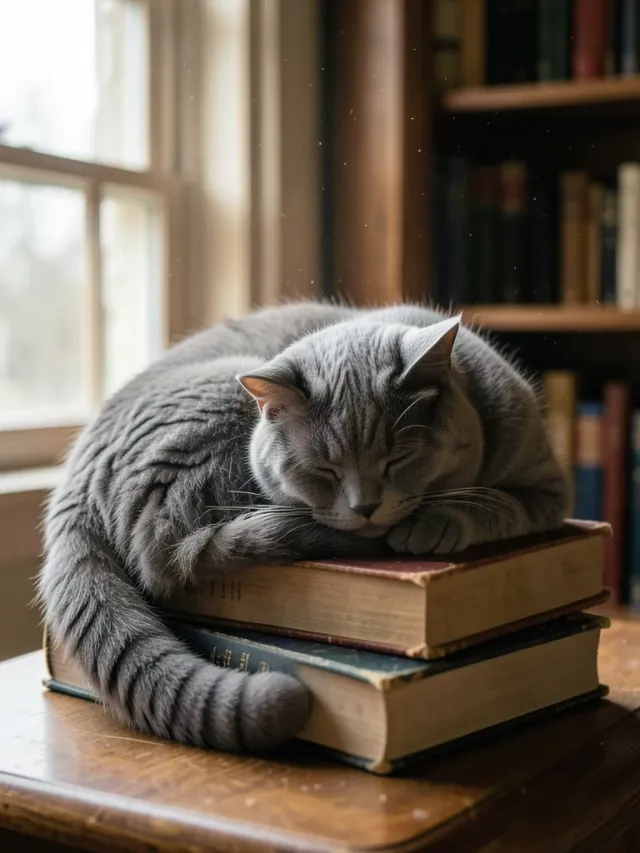 Sleepy British Shorthair cat curled on a stack of old books in soft window light
