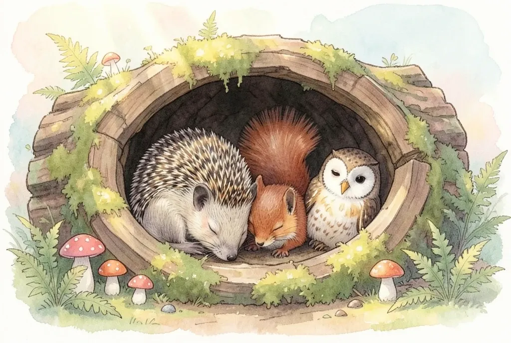 Watercolor storybook illustration of a hedgehog, squirrel, and owl asleep together inside a mossy hollow log