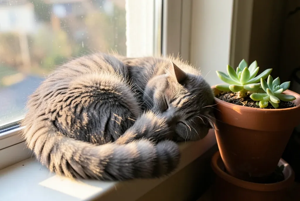 Fluffy gray tabby cat curled asleep on a sunny windowsill with potted succulents and afternoon light