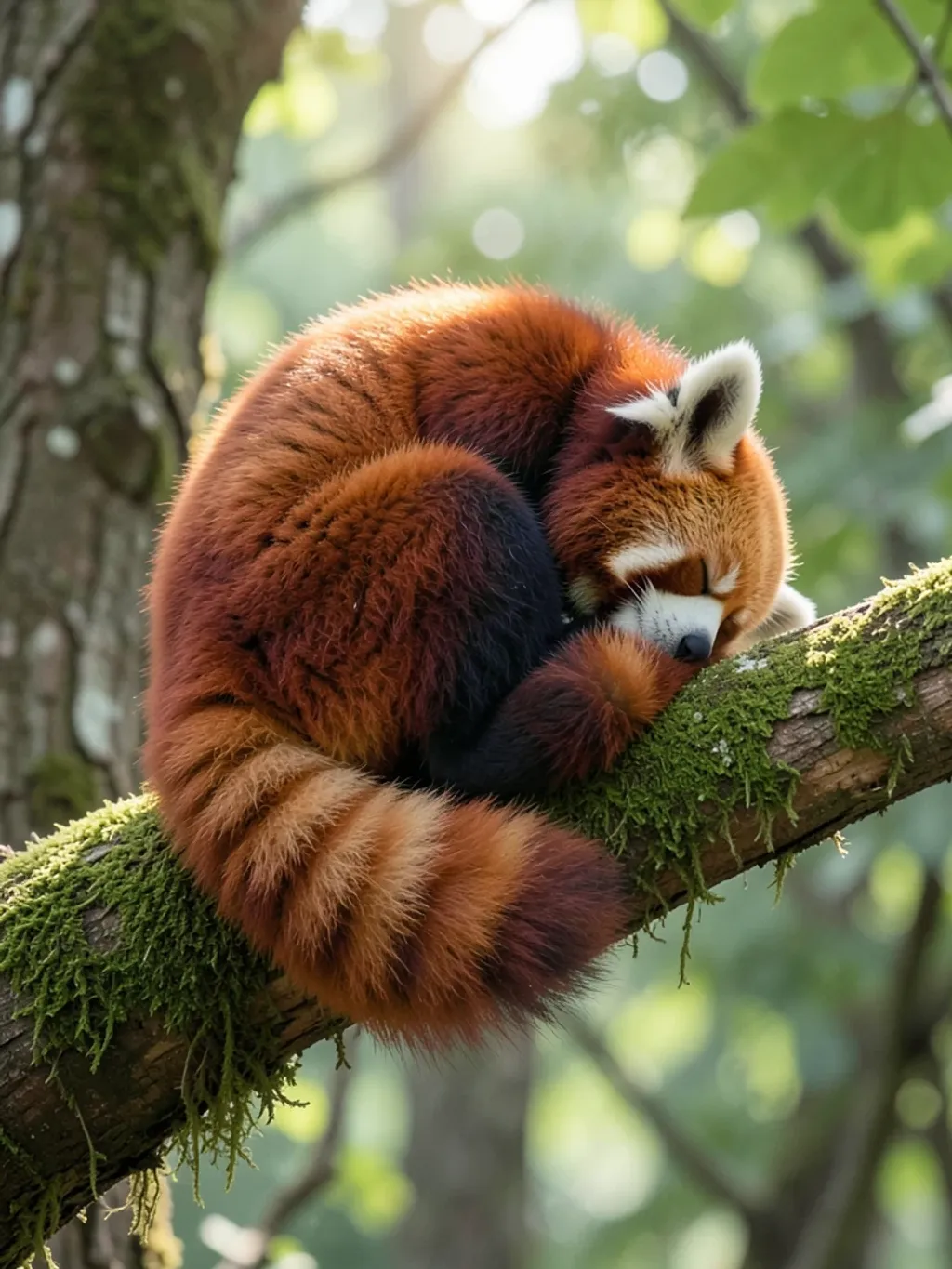 Fluffy red panda curled up asleep on a mossy tree branch with bushy tail wrapped around its body