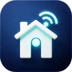 Smart home app icon with white house silhouette glowing Wi-Fi signal from roof and cyan hub on blue gradient