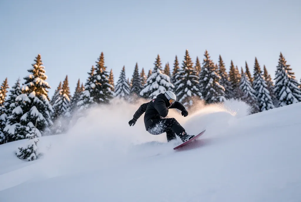 A snowboarder turning in deep powder, snow spraying off the board in low morning sun.