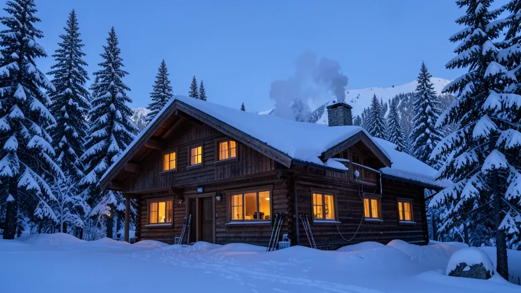 Wooden ski lodge with glowing windows among snow-covered pines, ski poles by the door, and chimney smoke at twilight