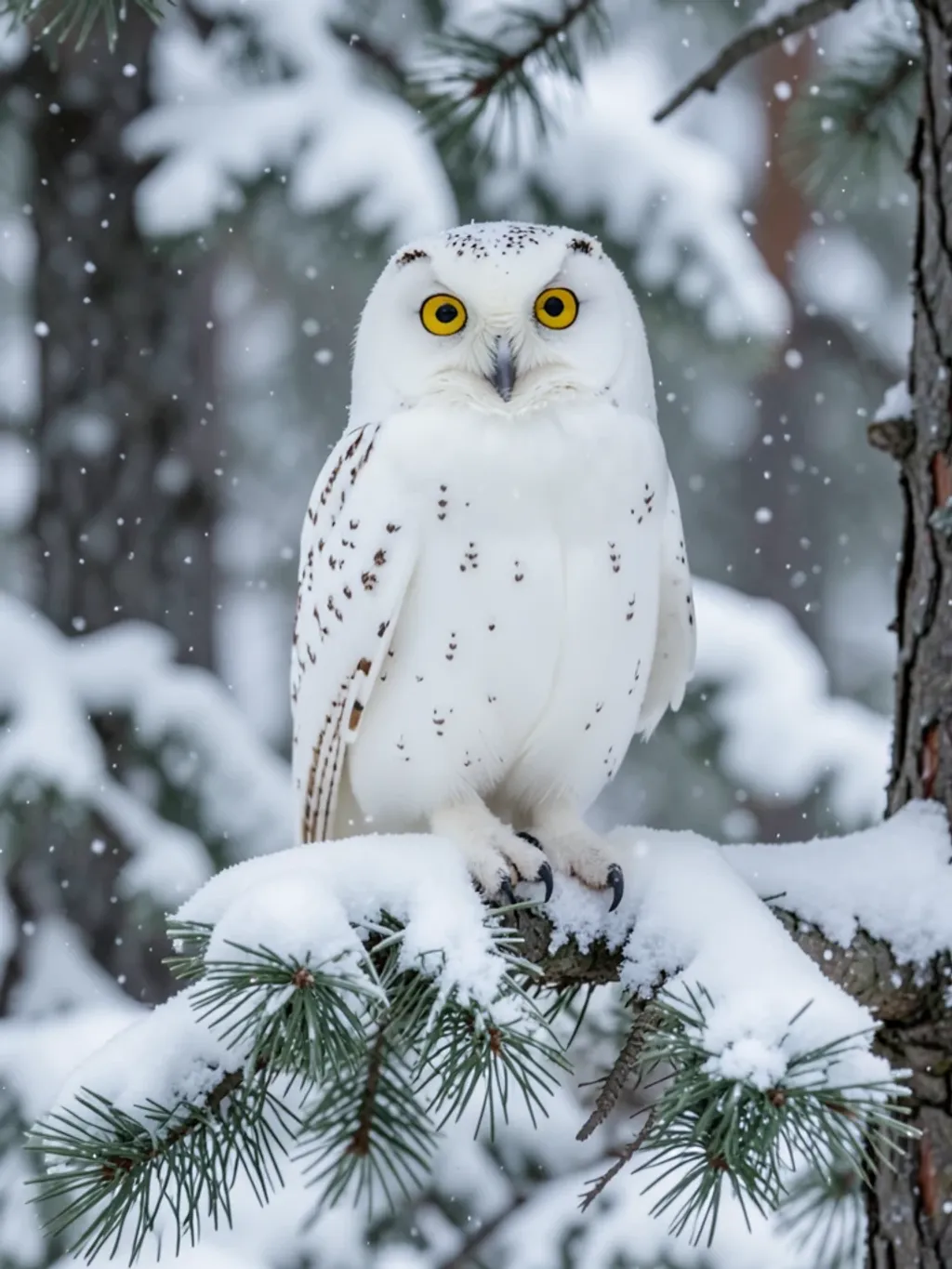 White snowy owl perched on a snow-covered pine branch with bright yellow eyes and falling snow