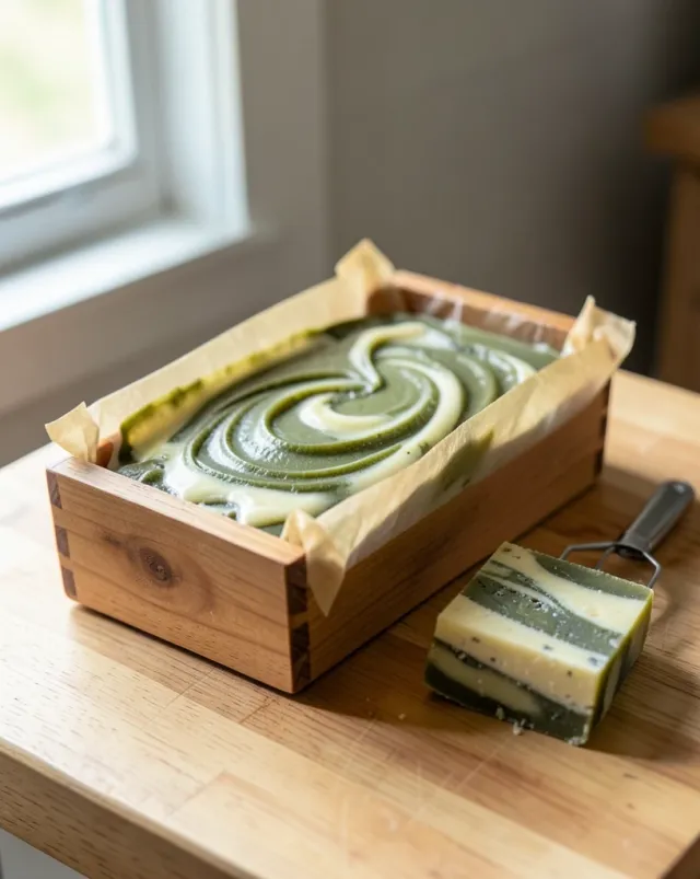 A loaf of cold-process soap in a wooden mould with a cut bar showing the swirled interior.