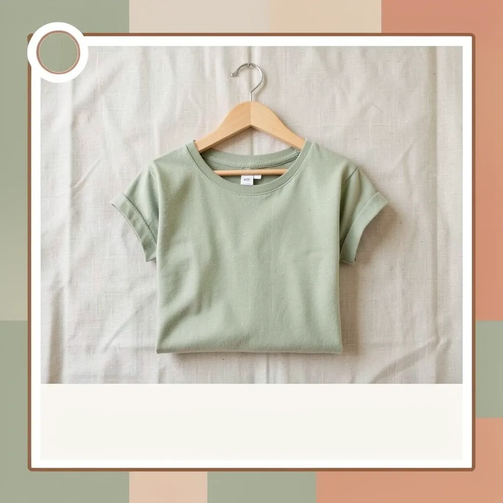 Social media brand template with folded organic cotton tee on hanger against linen in oat sage and terracotta