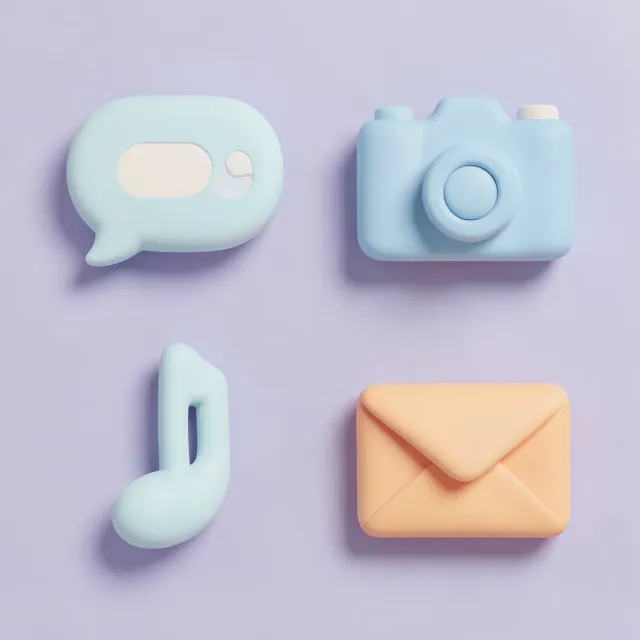 A soft matte 3D icon set of chat, camera, music and mail