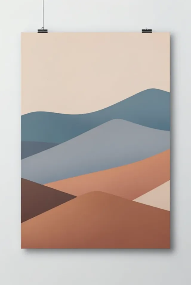 Soft abstract layered desert dunes in terracotta, sand, and dusty blue with smooth shapes