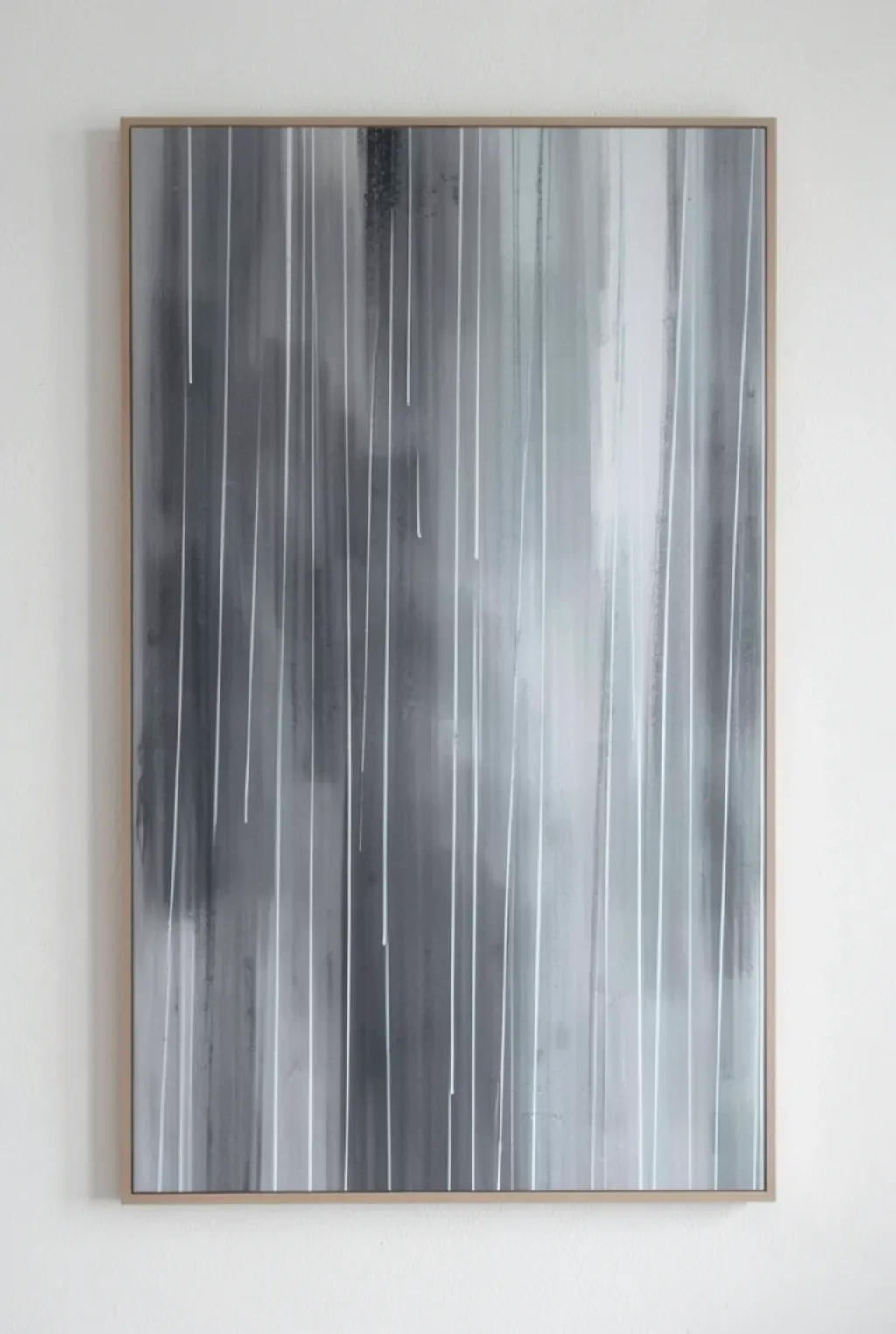 Soft abstract grey rain with layered vertical strokes of slate, silver, and pale blue on a window