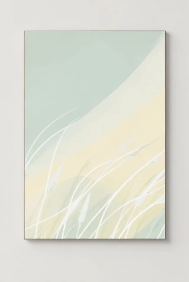Soft abstract meadow breeze with sage, butter yellow, and white strokes suggesting wind-blown grass