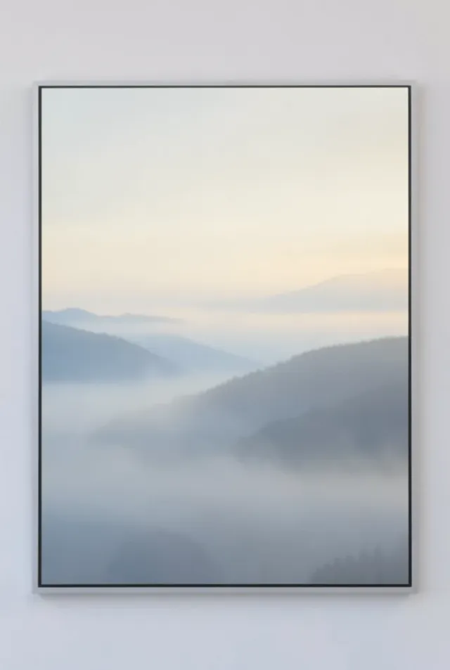 Soft abstract misty morning with blended grey, pale blue, and cream bands suggesting dawn fog