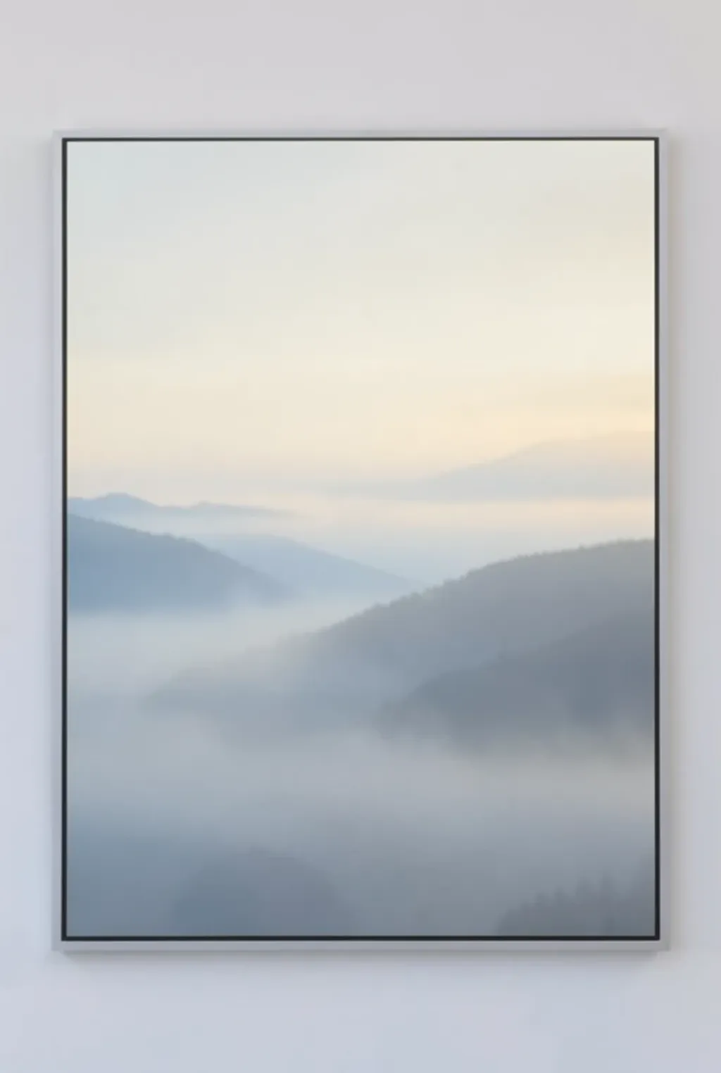 Soft abstract misty morning with blended grey, pale blue, and cream bands suggesting dawn fog