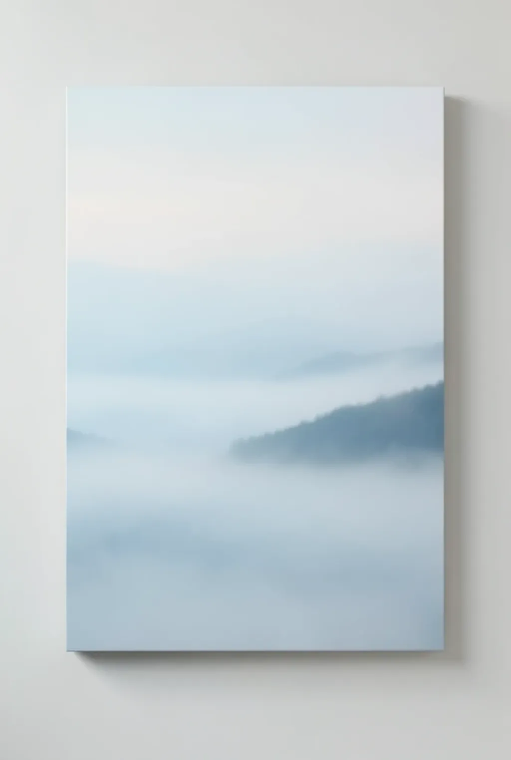Soft abstract morning mist with blurred layers of pale blue, grey, and white suggesting foggy hills