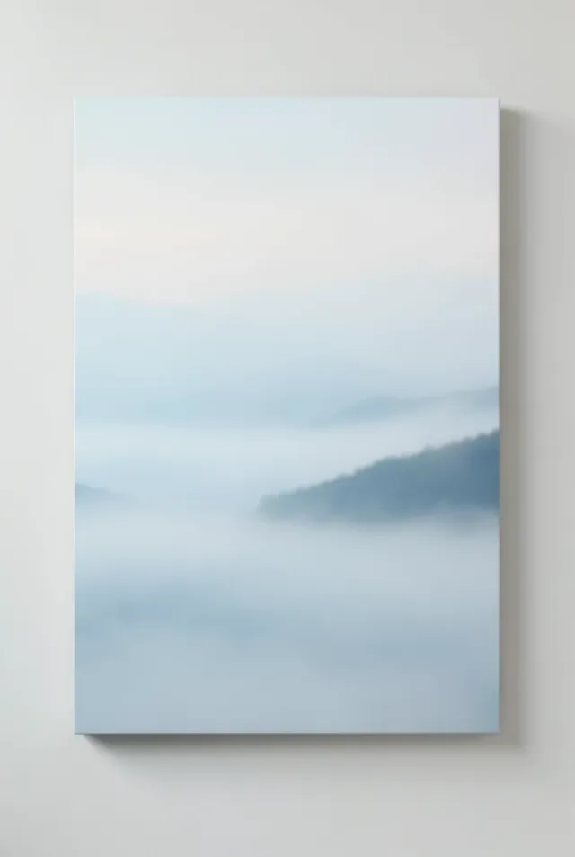 Soft abstract morning mist with blurred layers of pale blue, grey, and white suggesting foggy hills