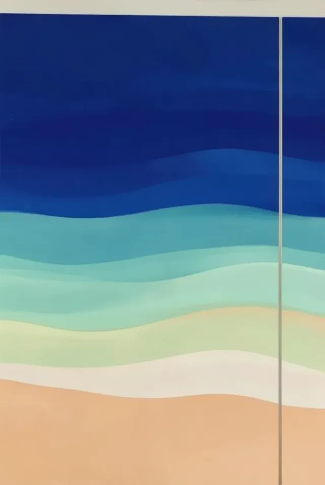 Soft abstract ocean waves with layered blue, seafoam green, and warm sand horizontal strokes