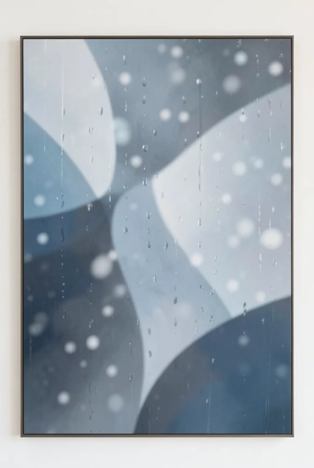 Soft abstract rainy day with curved grey, blue, and white shapes suggesting rain on glass