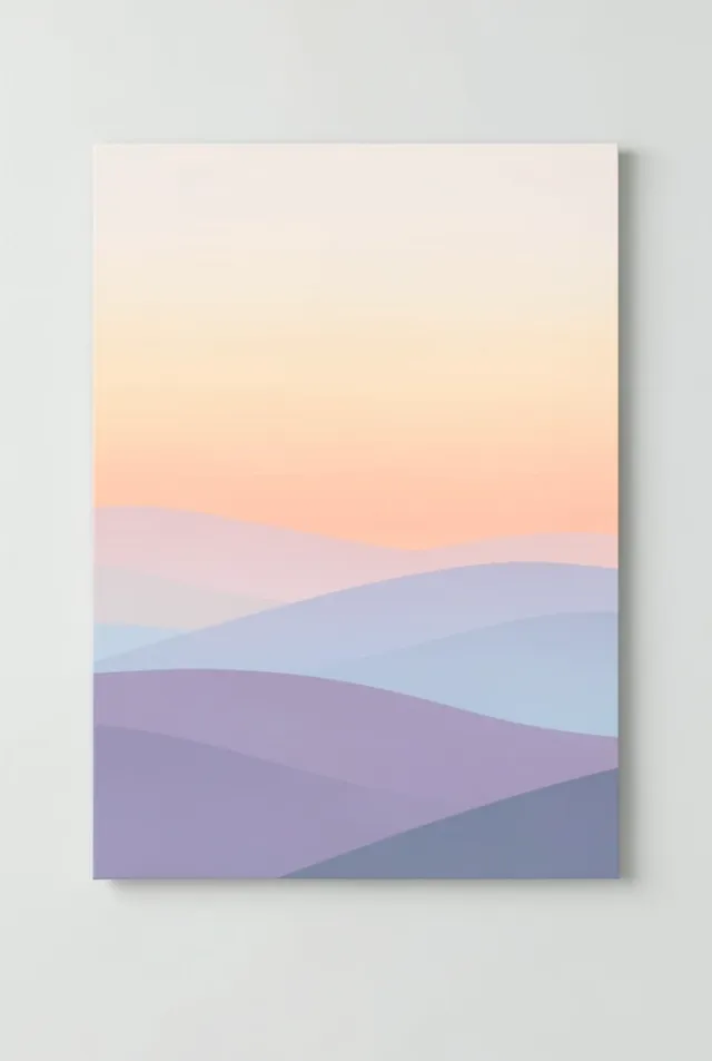 Soft abstract sunrise hills with blended peach, lavender, and pale blue horizontal dawn layers