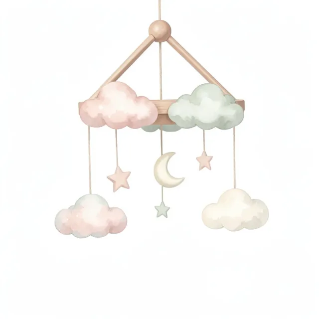 Soft pastel nursery mobile with watercolor clouds, stars, and a crescent moon in blush and sage