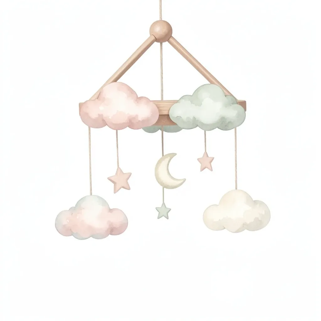 Soft pastel nursery mobile with watercolor clouds, stars, and a crescent moon in blush and sage