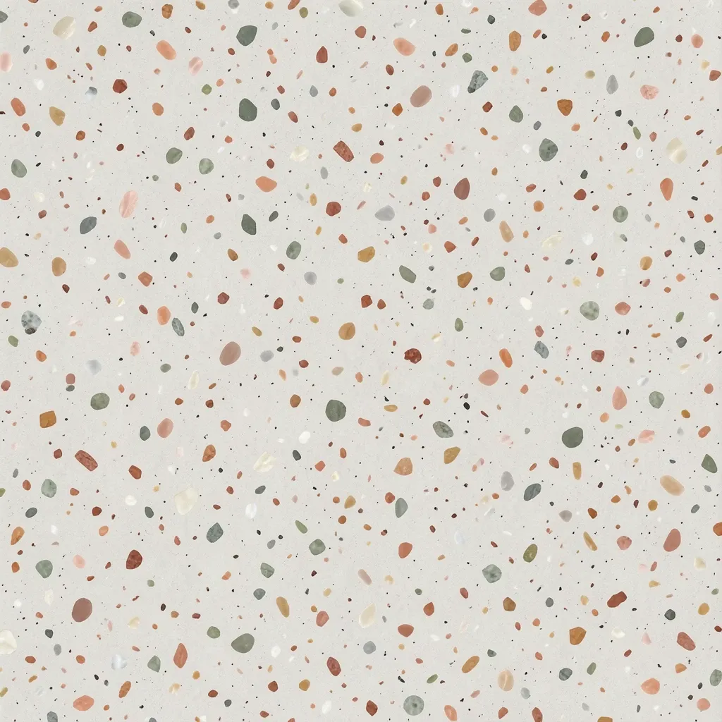 Soft terrazzo texture with muted blush, cream, sage, and terracotta chips in a pale base