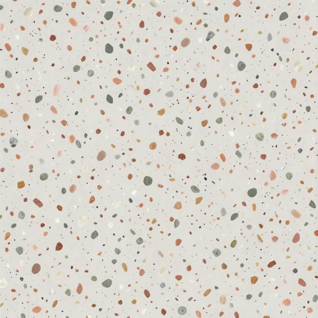 Soft terrazzo texture with muted blush, cream, sage, and terracotta chips in a pale base