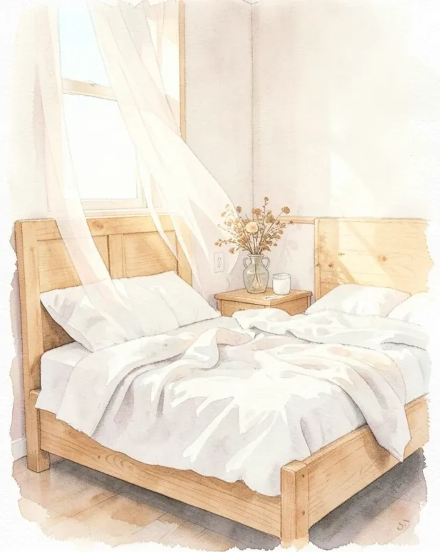 Soft watercolor bedroom with rumpled white linen, sheer curtains, and morning light