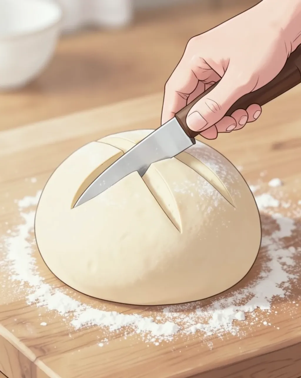 A hand scoring a leaf-shaped slash across a round dusted sourdough loaf with a lame
