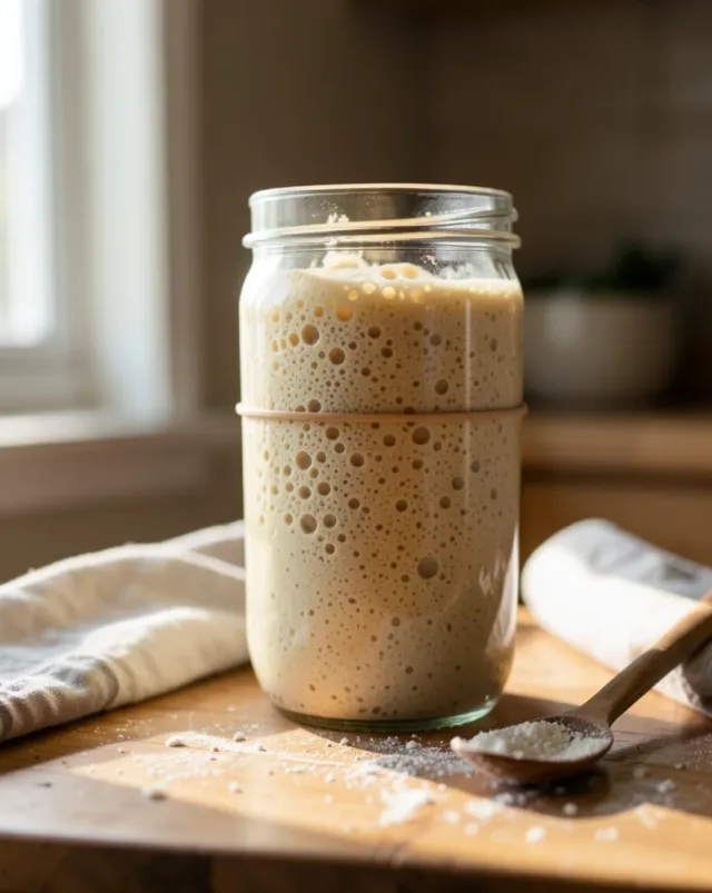 Glass jar of bubbly active sourdough starter risen past a rubber band on a floured wood counter