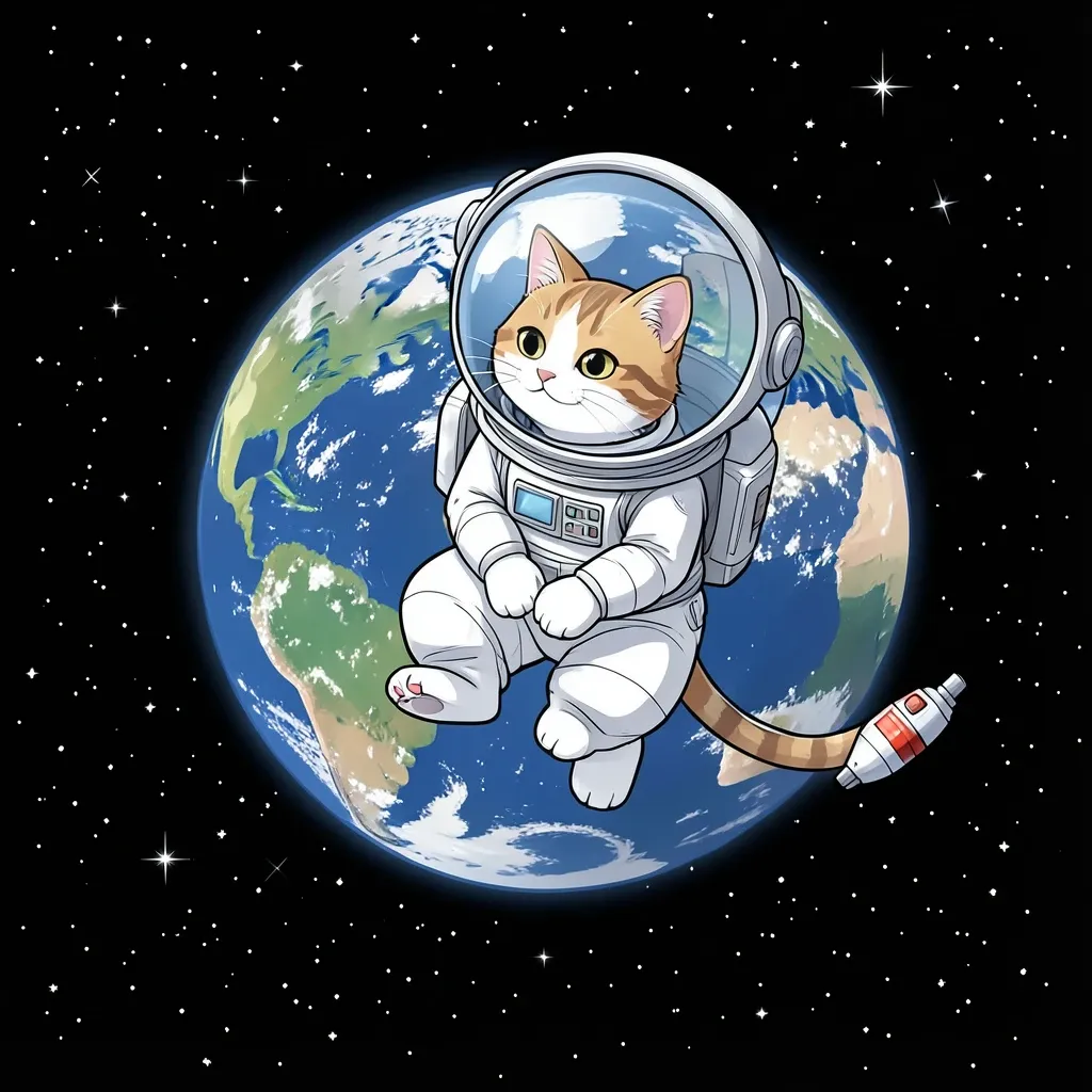 A cat in a white astronaut suit floating in space with the Earth in the background.