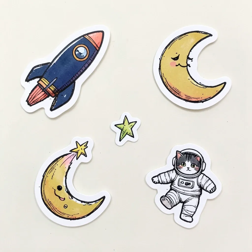 Hand-drawn space doodle stickers with rocket and planets
