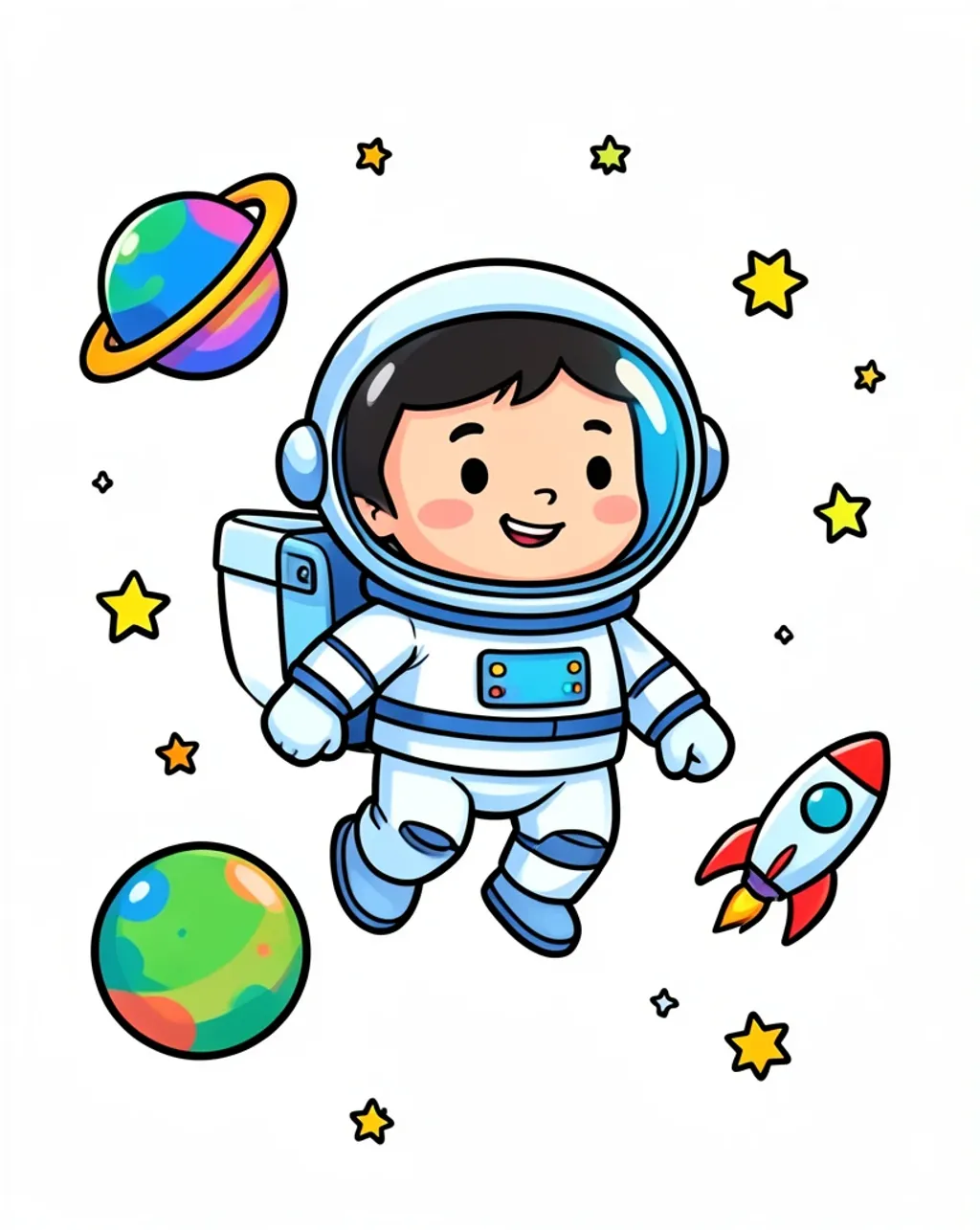 Friendly astronaut floating near planets and stars in a simple educational illustration