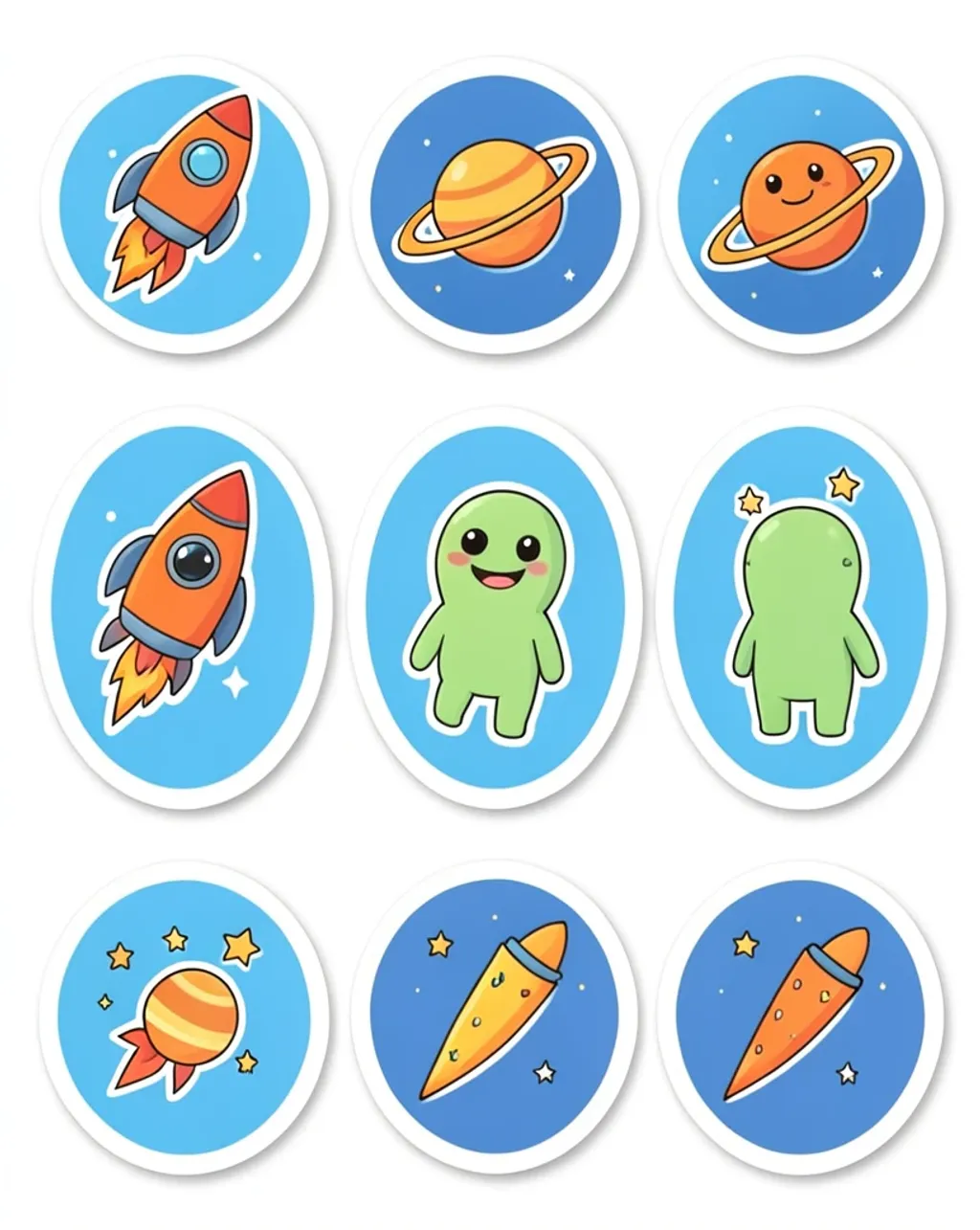 Printable set of twelve round space cupcake toppers with rockets, planets, aliens, and stars on white borders