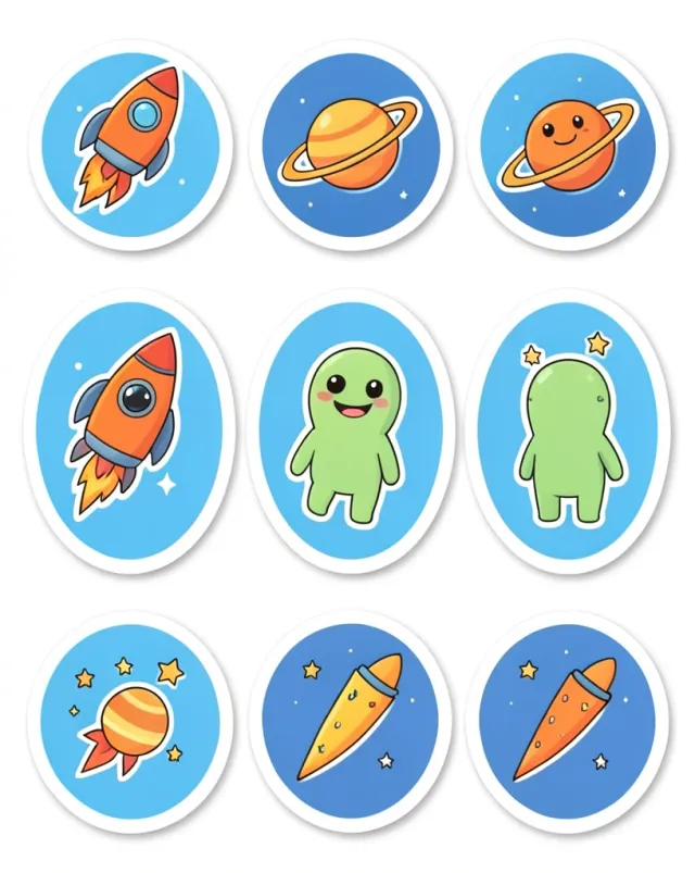 Printable set of twelve round space cupcake toppers with rockets, planets, aliens, and stars on white borders