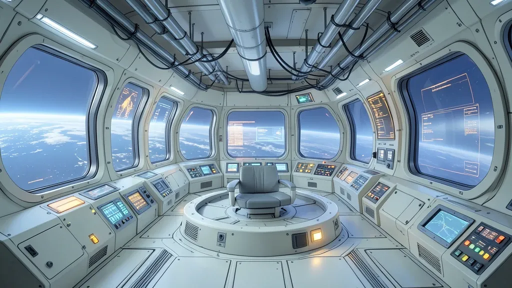 Space station interior concept art with observation windows showing a planet in off-white steel and blue