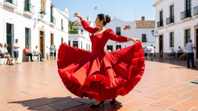 Flamenco dancer in red dress mid-twirl on a sunlit Spanish plaza with terracotta tiles