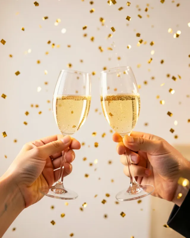 Sparkling wine glasses toasting with falling gold confetti and rising bubbles