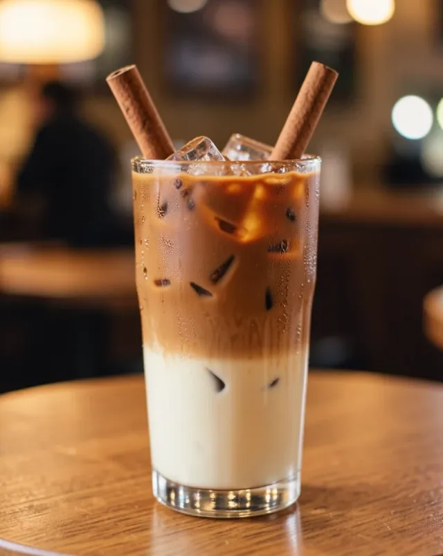 Tall glass of iced chai latte with milk-tea layers, ice cubes, cinnamon stick, and condensation