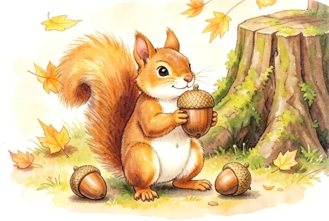 Children's book illustration of a squirrel holding an acorn with autumn leaves falling in a warm forest