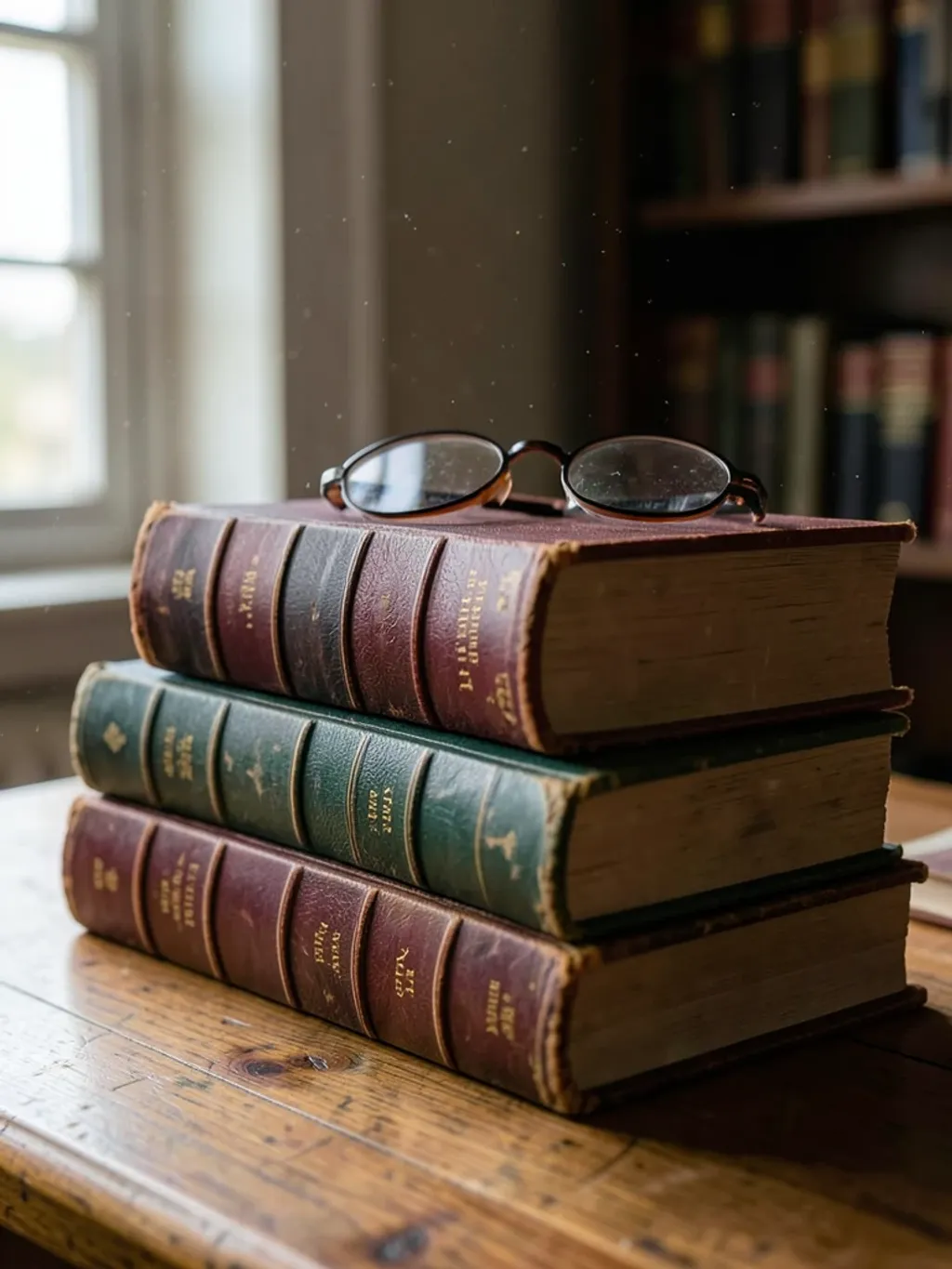 Stack of old leather-bound books with worn spines, reading glasses, and soft window light