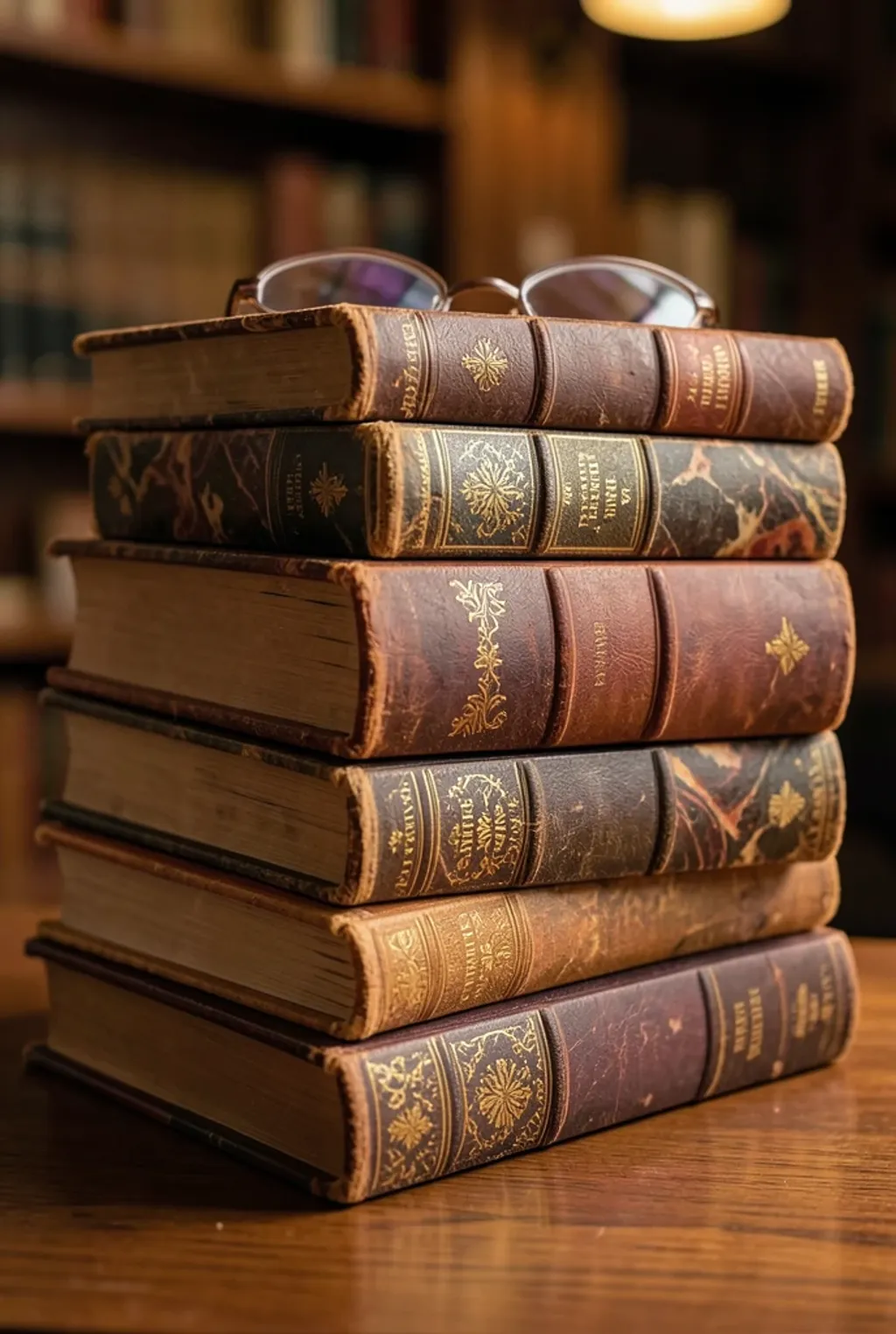 Stack of worn leather-bound vintage books with gold embossing, marbled edges, and reading glasses in warm light