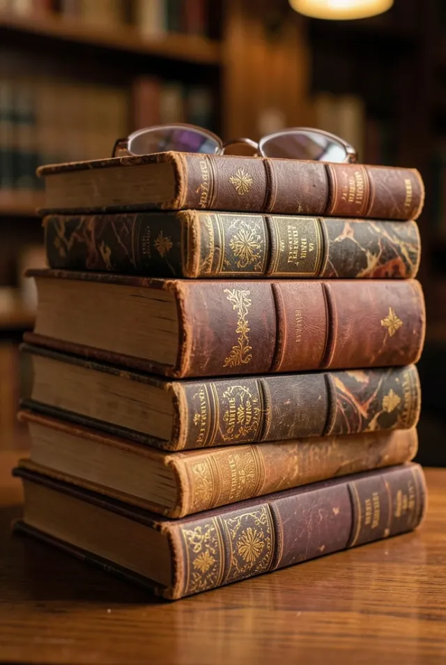 Stack of worn leather-bound vintage books with gold embossing, marbled edges, and reading glasses in warm light