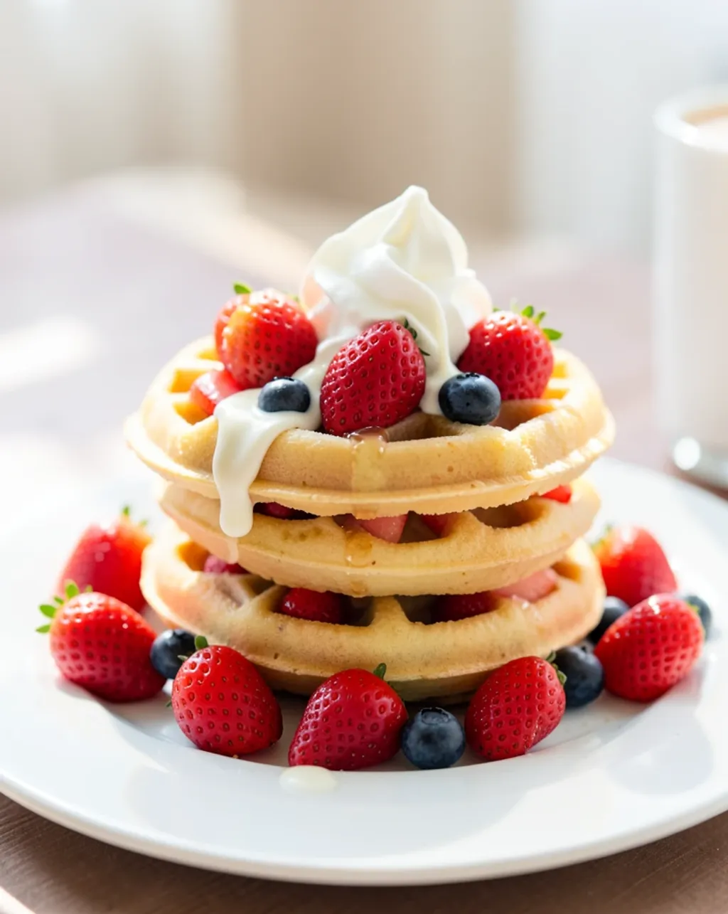 Stacked golden bubble waffles topped with strawberries, blueberries, whipped cream, and condensed milk drizzle