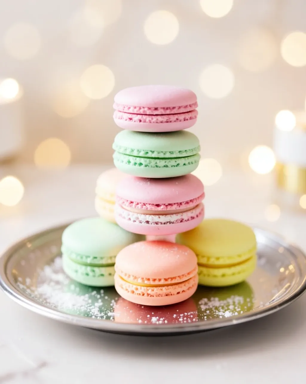 Pastel macarons stacked in a pyramid on a silver tray with soft bokeh and powdered sugar dust
